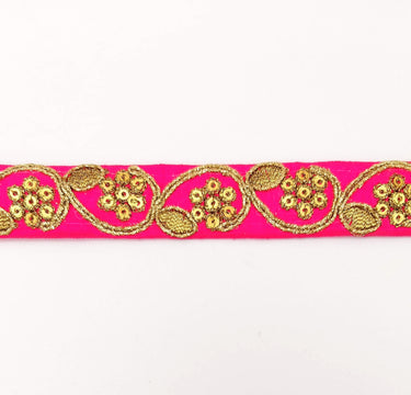 Fuchsia Pink Art Silk Trim with Gold Floral Embroidery and Gold Sequins Indian Sari Border Trim By 3 Yards Decorative Trim Craft Lace
